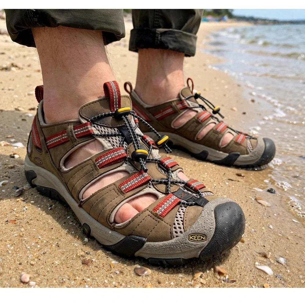 Keen Mens Size 9 Sandals Burnt Orange Tan Leather Mesh Hiking Outdoors